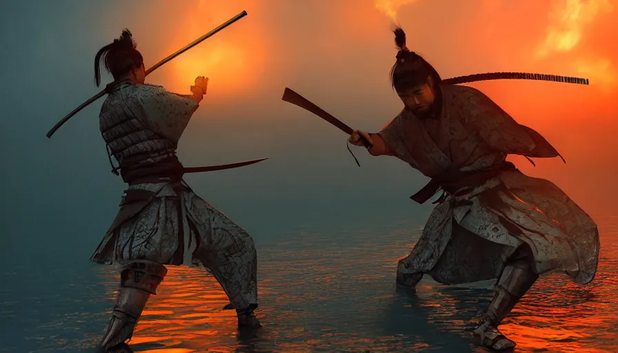 Image similar to Digital Art of A Samurai! Ninja! in Action Pose, standing in a glowing lake while it rains, Concept Art, highly detailed, Artstation, 8k, Raytracing, Unreal Engine 5