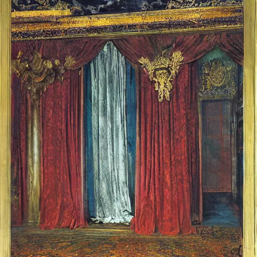 Image similar to A dark throne room with curtains by Gustave Moreau, by Georgia O keeffe