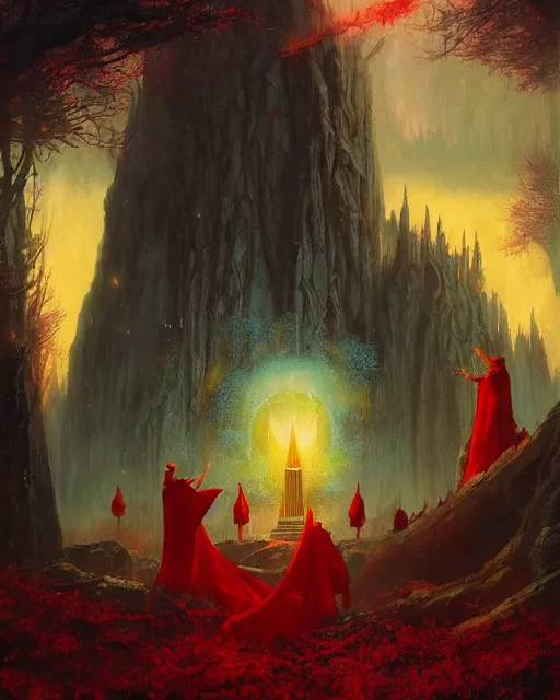 Image similar to a fantasy painting with a wizard in red robes in the foreground of a surreal environment by greg rutkowski and michael whelan