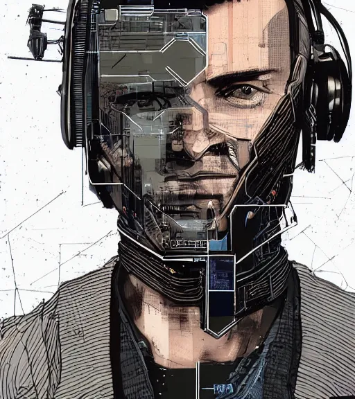 Image similar to a cyberpunk man with multiple digital patchwork faces, techwear, Industrial Scifi, detailed illustration, character portrait, by Martin Grip and Moebius