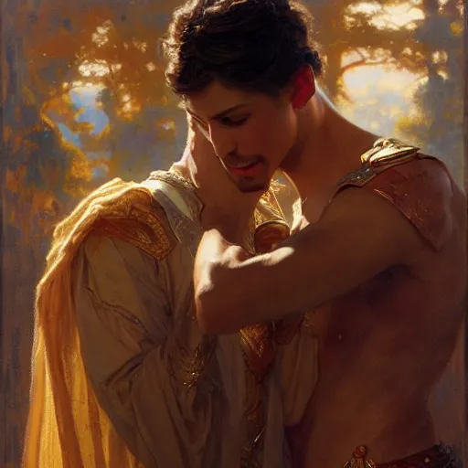 Image similar to attractive fully clothed king confesses his love for his attractive fully clothed male prince. highly detailed painting by gaston bussiere, craig mullins, j. c. leyendecker 8 k