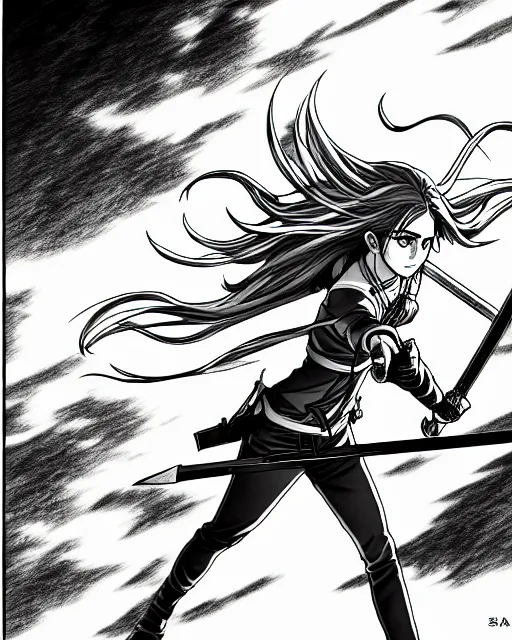 Image similar to a very detailed pencil drawing of emma watson in demon slayer manga panel, action lines, on rooftop, back light, sword slash, high resolution, dynamic pose, landscape, full body, action, sword, hyper realistic, manga, koyoharu gotouge, sakuga