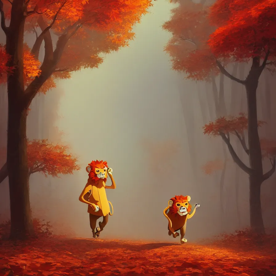 Image similar to Goro Fujita illustrating a lion walking through a beautiful autumn forest, art by Goro Fujita, sharp focus, highly detailed, ArtStation