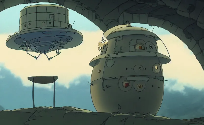 Prompt: a cell - shaded cartoon movie still from howl's moving castle ( 2 0 0 4 ) of a chrome ufo. very dull muted colors, hd, 4 k, hq