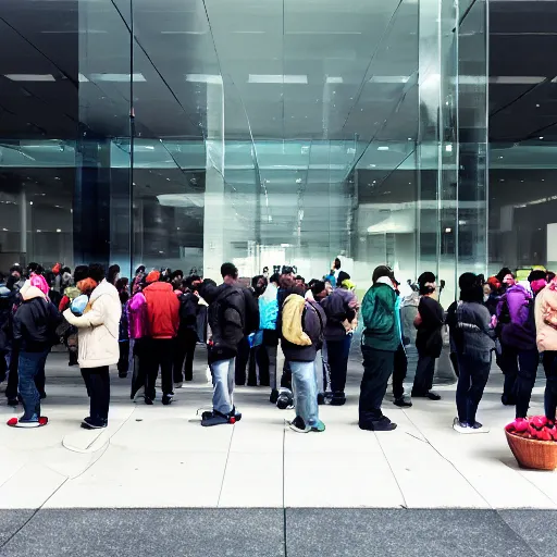 Image similar to a photo of a long line of people, outside an apple store, waiting to buy the latest apple product, city environment, morning, rainy weather, crowded streets, volumetric lighting, hyper realistic, ultra detailed, 8 k