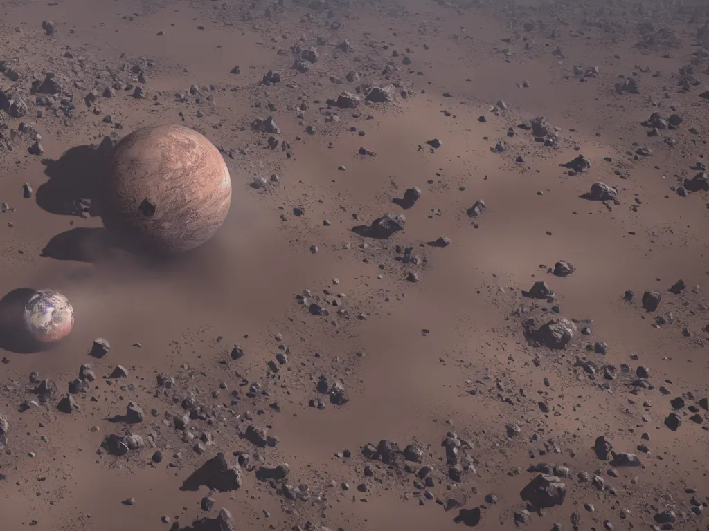 Image similar to a distant desert dystopian earth floating in outer space with full planet in view, dusty unreal engine, hyperrealistic, Cryengine 8k UHD