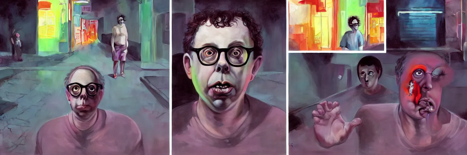 Prompt: weird and disturbing portrait of todd solondz running scared in the streets of tel aviv, vivid colors, neon, art by gregory crewdson and artgerm and wlop and william - adolphe bouguereau