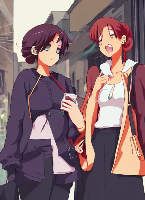 Image similar to two beautiful mothers talking on a street, fashionable street clothes, gorgeous faces, thick lines, cinematic lighting, detailed anime art