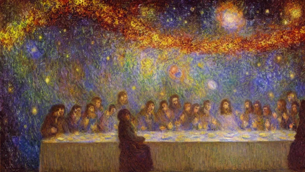 Prompt: the last supper claude monet, space, stars, nebula explosion, milky way, galaxy, galactic, digital art.