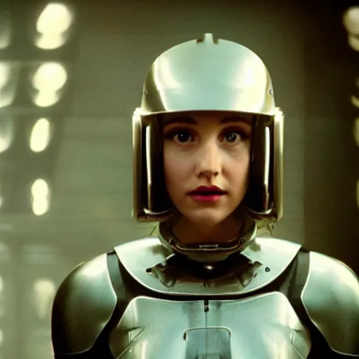 Image similar to movie still of a girl with a cyborg plants helmet, cinematic composition, cinematic light, by edgar wright and david lynch