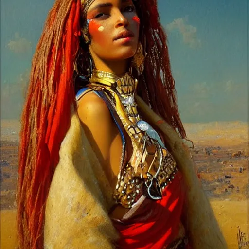 Image similar to tuareg woman in traditional clothes, gaston bussiere, tom bagshaw