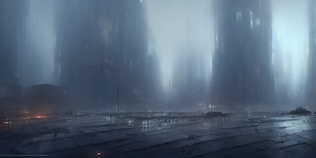 Image similar to an abandoned dystopian city of parametric architecture, by federico pelat and craig mullins and james paick and stephan martiniere, concept art, hyperrealism, 8 k resolution, octane render, cinematic, ominous, dramatic, volumetric lighting, misty