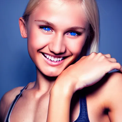 Image similar to full figure photo, cute nice beautiful young lady, cute smile, athletic body, six pack, highly detailed face and eyes, blonde, blue eyes, volumetric lighting, 8 k, art photography, sport photography, intricate detailing, award winning, textured skin, symmetric face, hyper realistic
