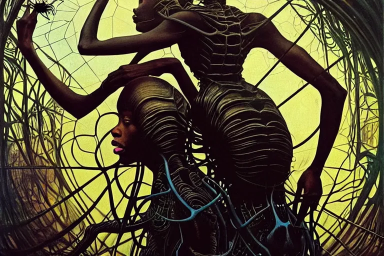 Image similar to realistic detailed portrait movie shot of a beautiful black woman riding a giant spider, dystopian city landscape background by denis villeneuve, amano, yves tanguy, alphonse mucha, max ernst, ernst haeckel, kehinde wiley, caravaggio, jean delville, david lynch, roger dean, cyber necklace, rich moody colours, sci fi patterns, dramatic, wide angle