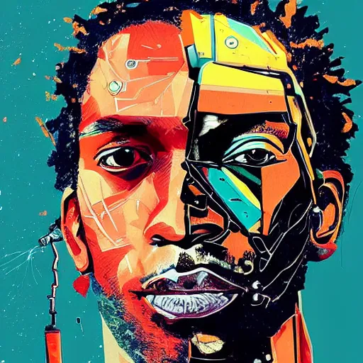 Prompt: portrait of kawhi leonard as half terminator with a robot eye in a scenic environment by conrad roset, watercolors, cybernetically enhanced, hyperdetailed, cyberpunk, cool, trending on artstation