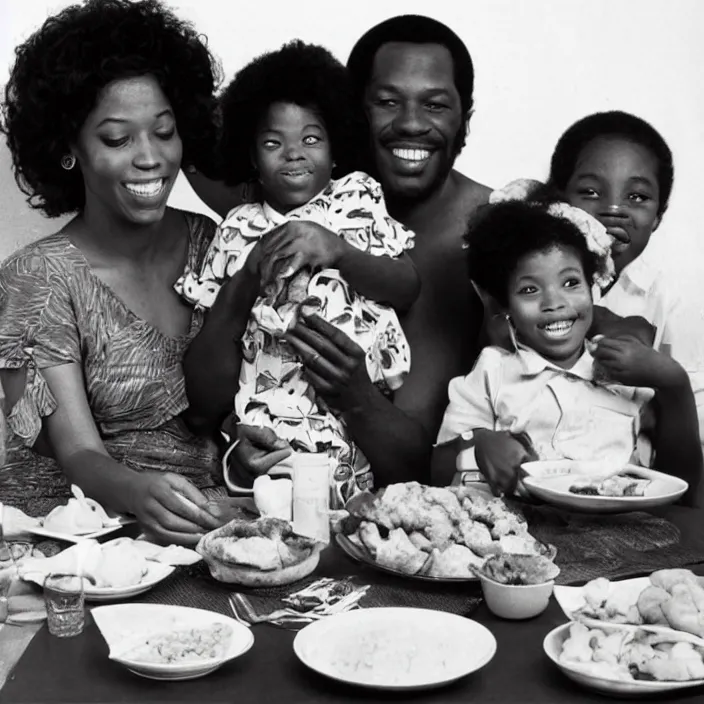 Image similar to vintage realistic photo of an African American family in 1979 with two daughters and a son eating chicken, mash potatoes, and rolls for dinner. While “good times” plays on the tv in the background