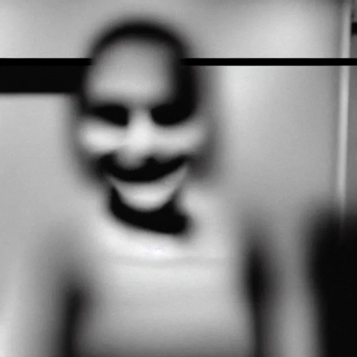 Prompt: cctv footage of an uncanny figure smiling at the camera, creepy
