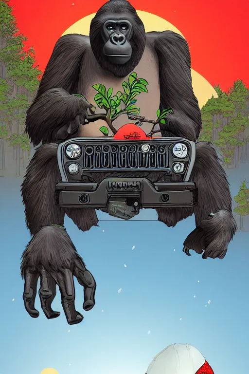 Image similar to gorillas standing by jeep holding a amanita muscaria, sunshine, by alba ballesta gonzalez and moebius. 4 k wallpaper, digital flat 2 d, japan animation, comic book, illustration, cinematic lighting, smooth sharp focus