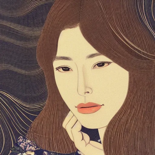 Image similar to “ jessica biel portrait by ikenaga yasunari and ayana otake and ko rakusui, 6 0 s poster, drawing, realistic, sharp focus, japanese, dreamy, nostalgia, faded, golden hues, floral clothes, porcelain skin ”