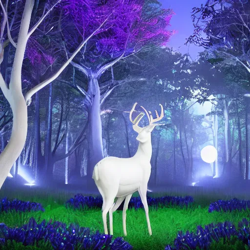 Prompt: ethereal white deer stands in the center of a dark blue tree grove, surrounded by purple neon glowing flowers and glowing mushrooms. the moonlight peeking through the trees. ultra realistic, 4k.