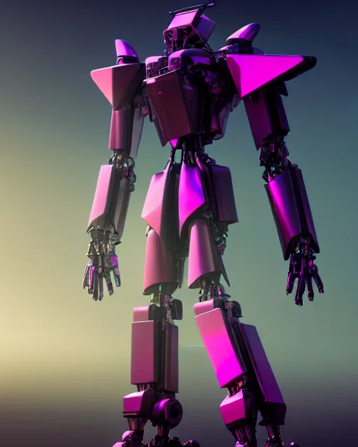 Prompt: hyperrealistic 3d render full mecha iridescent pink dramatic landscape concept art vray ute osterwald de chirico sharp cinematic very moody light 8k low angle shallow depth of field