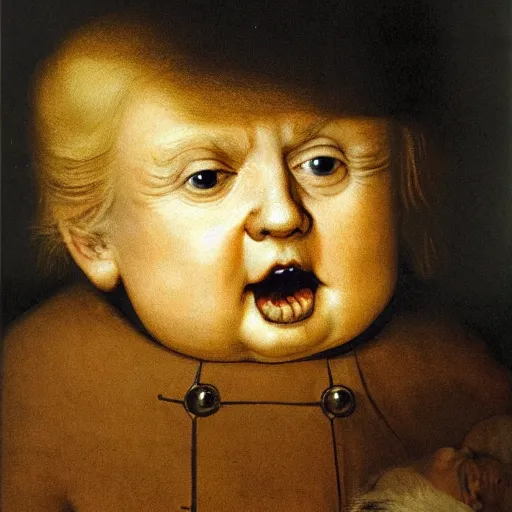 Prompt: Donald trump’s adult head on an oversized baby body, drinking from a large bottle, Rembrandt