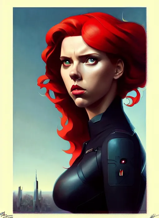 Image similar to peter mohrbacher, phil noto, artgerm, pretty scarlett johansson black widow, symmetrical eyes, long red hair, city rooftop