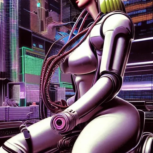 Image similar to a detailed airbrush cyberpunk illustration of a female android seated on the floor in a tech labor, seen from the side with her body open showing cables and wires coming out, by masamune shirow, hajime sorayama, boris vallejo and katsuhiro otomo, japan, 1980s, dark, colorful