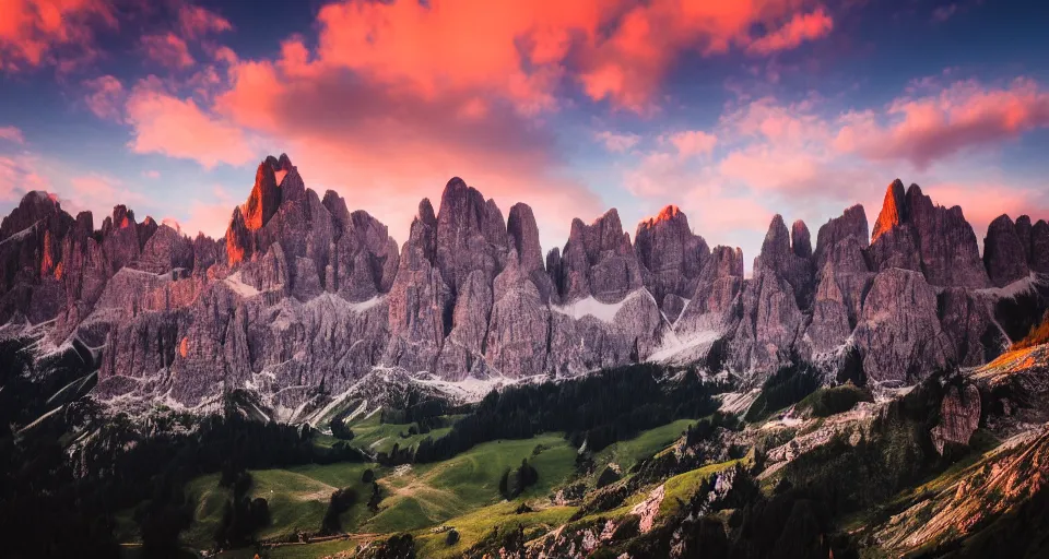 Image similar to landscape photography of Dolomites in the sunset, clouds, dramatic lighting, 500px