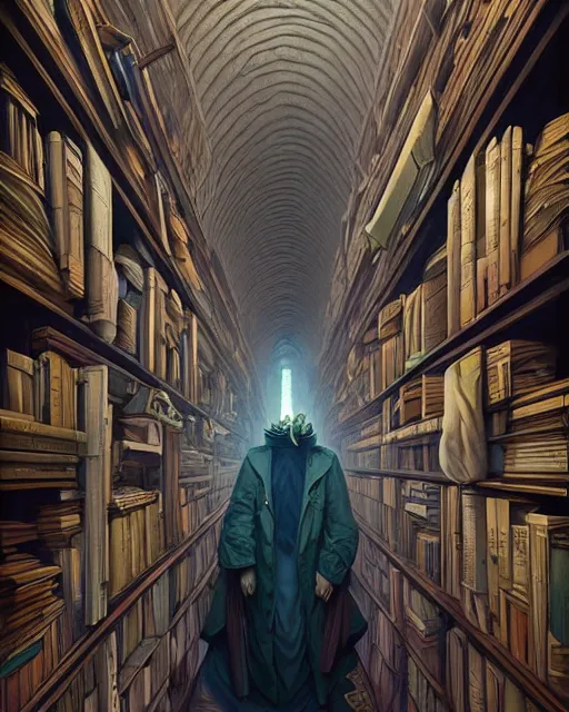 Prompt: highly detailed surreal vfx portrait of a villain in a catacomb of books, stephen bliss, unreal engine, greg rutkowski, loish, rhads, beeple, makoto shinkai and lois van baarle, ilya kuvshinov, rossdraws, tom bagshaw, alphonse mucha, global illumination, detailed and intricate environment