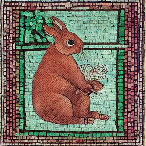 Image similar to a rabbit eating raspberries in the style of ancient mosaic