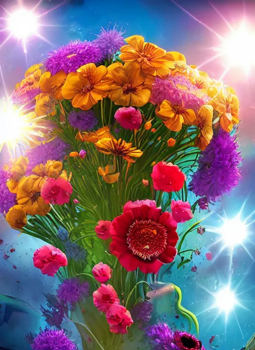 Image similar to An epic fantastic realism comic book style painting of the most beautiful flowers launched into space, bouquets, lens flare, fisheye lens, unreal 5, DAZ, hyperrealistic, octane render, dynamic lighting