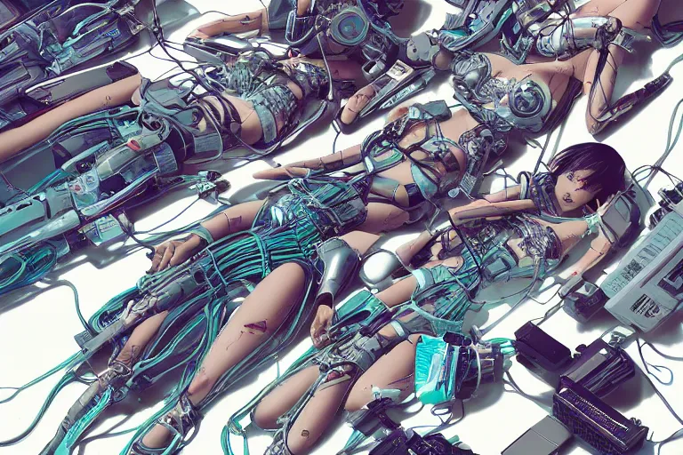 Image similar to a cyberpunk illustration of a group of female androids in style of masamune shirow, lying on an abstract, empty, white floor with their body parts scattered around in various poses and cables and wires coming out, by yukito kishiro and katsuhiro otomo, hyper-detailed, intricate, view from above