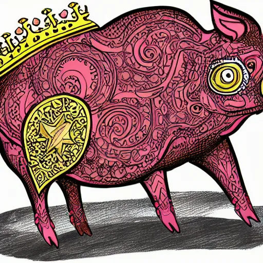 Image similar to Highly detailed comic book style drawing of a pig wearing a gold crown, full body, zoomed out, retro, colorful, intricate, vector, concept art, sharp