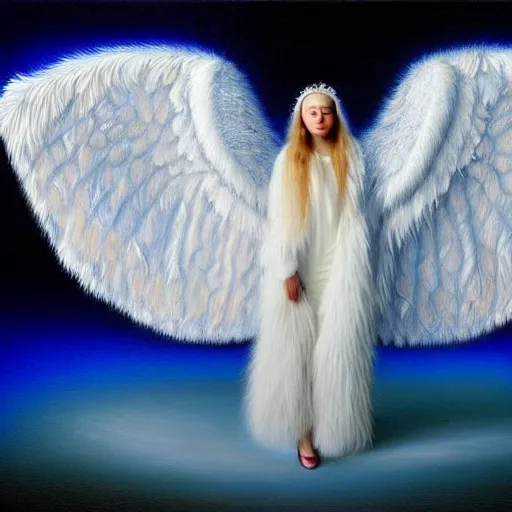 Image similar to highdetailed hyperrealistic painting of white wingsl!!!, white sparkles, 4 k hd fur, big wings, by jan van eyck, pattern, holography space, glow effect, large strokes, white monochrome color!!!!!