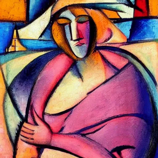 Image similar to woman in glorious robes rose up vast as the skies, old as the mountains and formless as starlight to shelter the precious memories, matter, messages, high quality abstract art in the style of cubism and davinci and cubism,