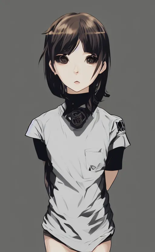 Image similar to shirt art, logo graphic design, manga style, realistic lighting, futuristic solid colors, made by ilya kuvshinov, sold on sukebannyc, from arknights, front portrait of a girl, short neck, jpop clothing, sneaker shoes, simple icons in background