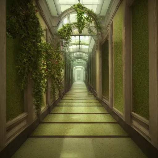 Prompt: overgrown hallway immaculate scale matte painting