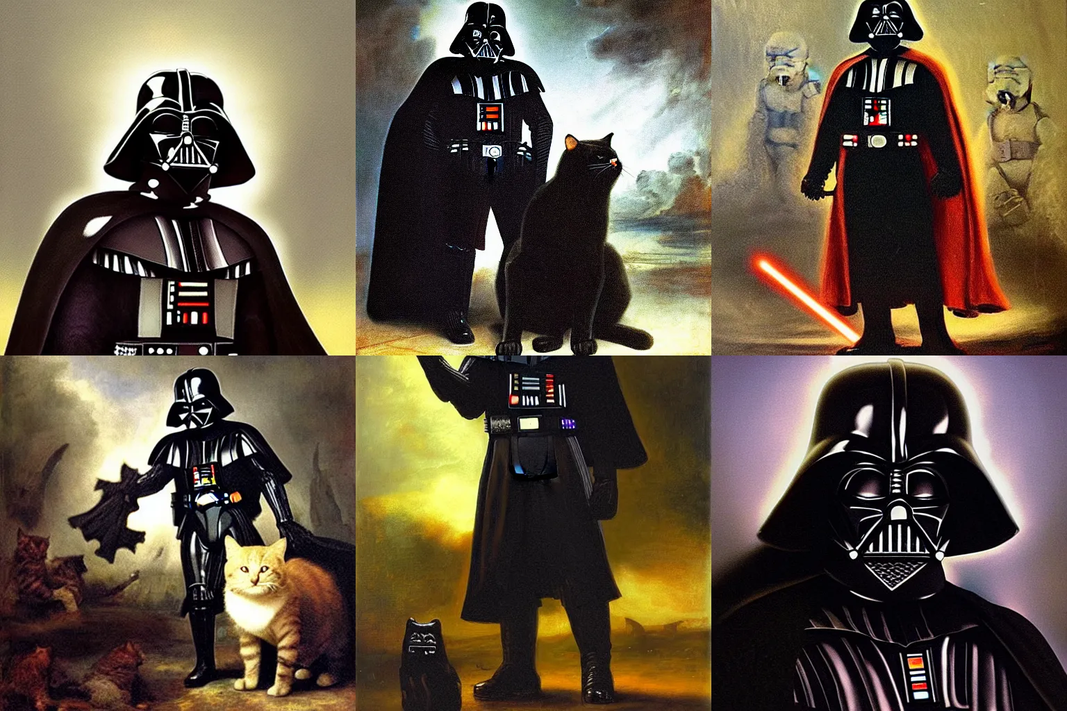 Prompt: Darth Vader\'s cat commanding stormtroopers, by Rembrandt