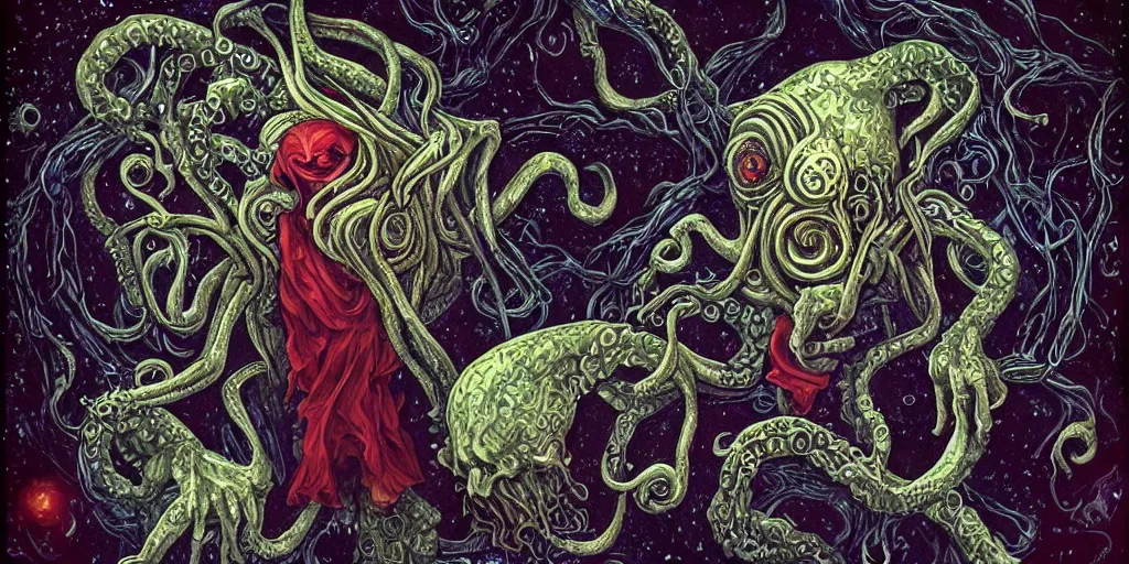 Prompt: cosmic horror, hd, music, human, trumpet, musician, biological indicators, cthulhu ( fictional divinity created by h. p. lovecraft ), elegant, drugs, history book, written in red