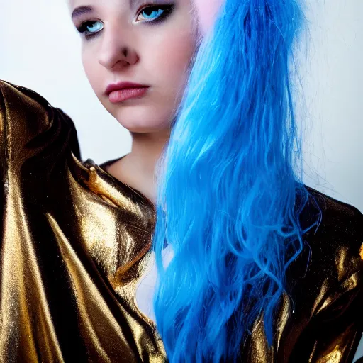 Image similar to a melanchonic photo of a beautiful young woman with cotton candy hair. with a little bit of gold and white