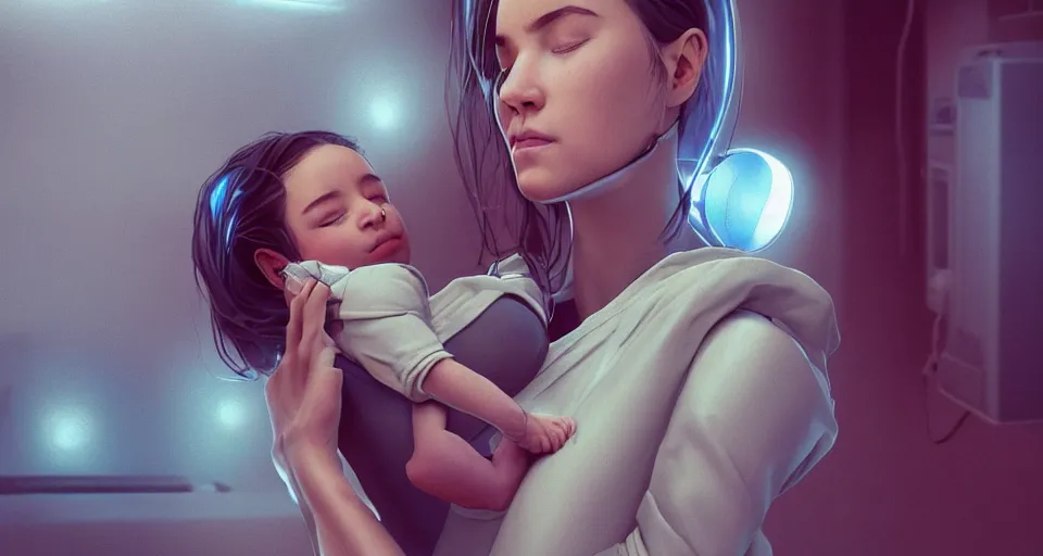 Prompt: a very very very very very very beautiful realistic still of a woman holding a newly born cyborg baby in a cyborg factory hospital, rendered by beeple, by makoto shinkai, syd meade, starwars, space art concept, sci - fi, digital art, unreal engine, wlop, trending on artstation, 4 k uhd image, octane render