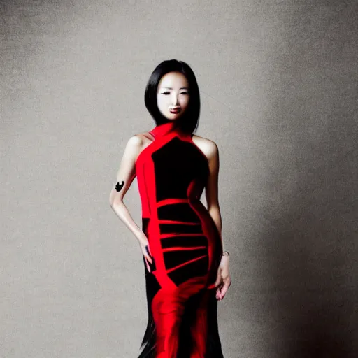 Image similar to vogue fashion model portrait asian woman, black and red, elegant