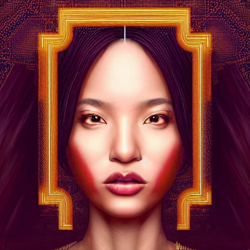 Image similar to ( ( ( portrait of tech goddess ) ) ), zoom, rule of thirds, atmosphere, intricate, regal, latinas, ( brown skin ), symmetrical!!, loreal, maybelline, sephora, loreal, artstation, art by artgerm and gonzalo ordonez arias, moody, concept art, filmic, vsco