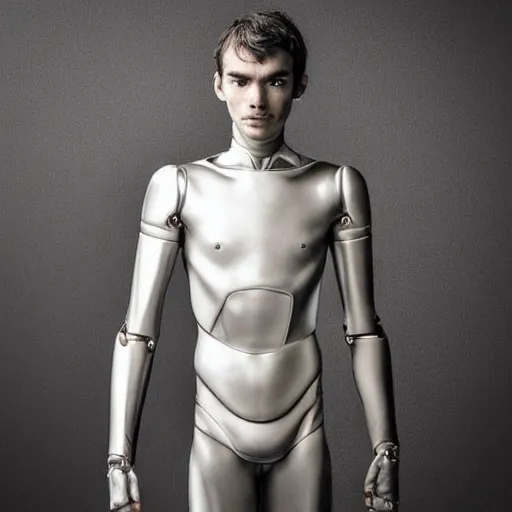 Image similar to “a realistic detailed photo of a guy who is an attractive humanoid who is half robot and half humanoid, who is a male android, Pierre Gasly, shiny skin, posing like a statue, blank stare”