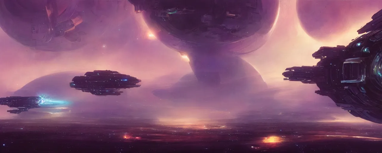 Image similar to cinematic render of atmospheric deep space, homeworld skies, volumetric lighting, john harris, john berkey