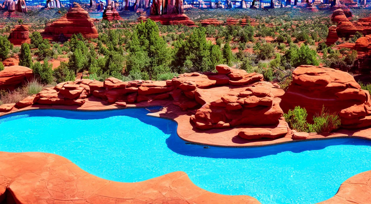 Image similar to a beautiful day in Sedona by a pool,colorised,photograph