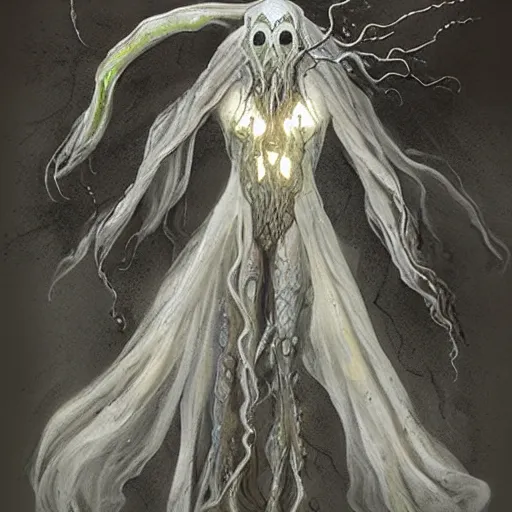 Image similar to concept designs for an ethereal wraith like figure with a squid like parasite latched onto its head and long tentacle arms that flow lazily but gracefully at its sides like a cloak while it floats around a forgotten kingdom in the snow searching for lost souls and that hides amongst the shadows in the trees, this character has hydrokinesis and electrokinesis for the resident evil village video game franchise with inspiration from the franchise Bloodborne and the mind flayer from stranger things on netflix