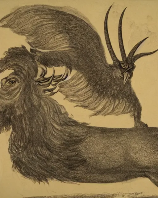 Image similar to a creature with the body and eyes of a man, with the beak of an eagle, the mane of a lion, and the horns of an ox. drawn by francis bacon