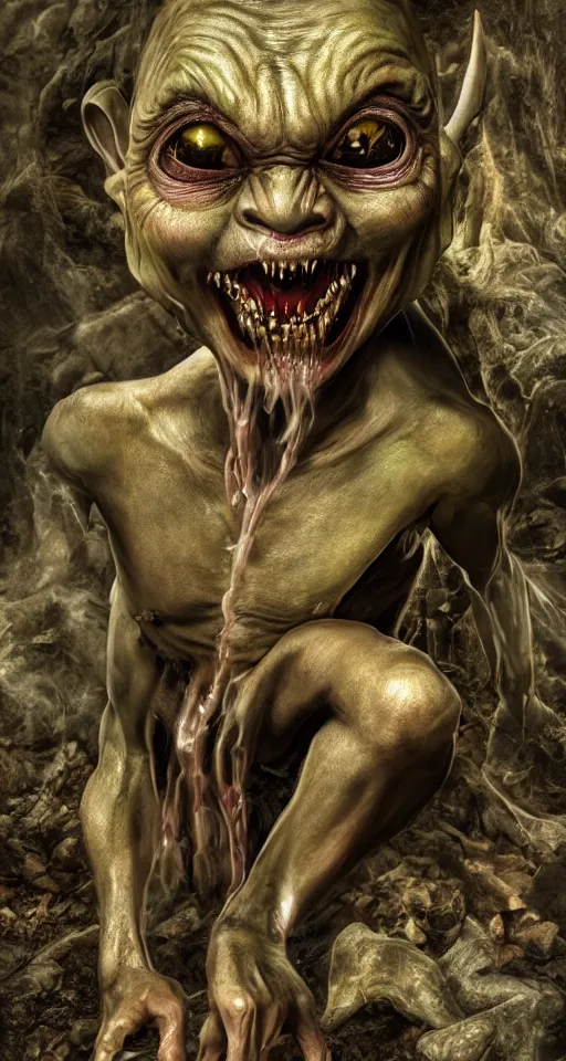 Image similar to photo of demon gollum, fullbody portrait, detailed, sony a 7 r, photorealistic